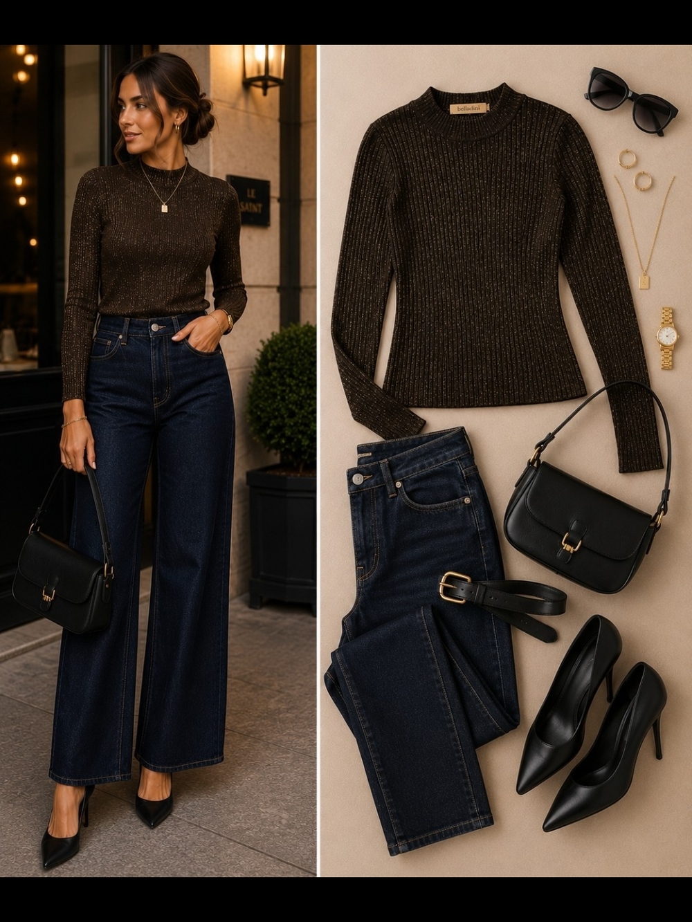 Beldini Black Gold Shimmer Ribbed Mock Neck Knit Sweater Top L Evening Luxe